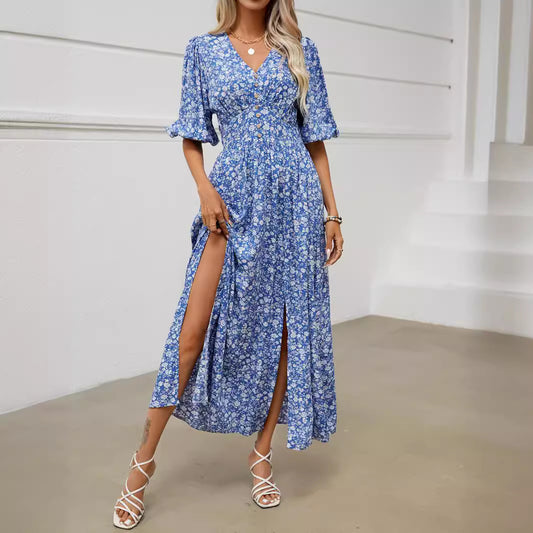 Women's Summer Lantern Sleeve Split Bohemian Beach Dresses