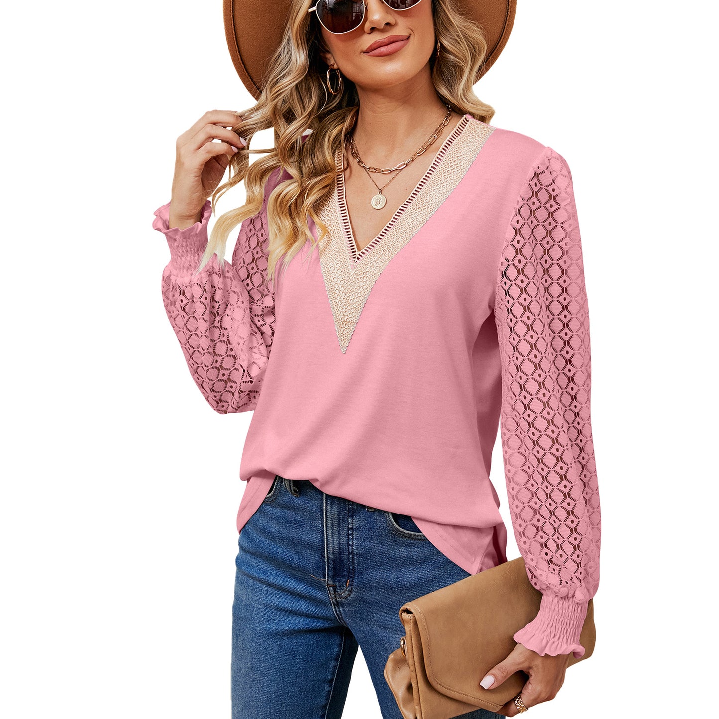 Women's Lace Patchwork Loose Long-sleeved T-shirt Blouses