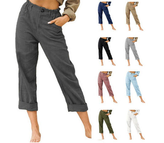 Women's Solid Color Cotton Linen Fashion Loose High Waist Casual Pants