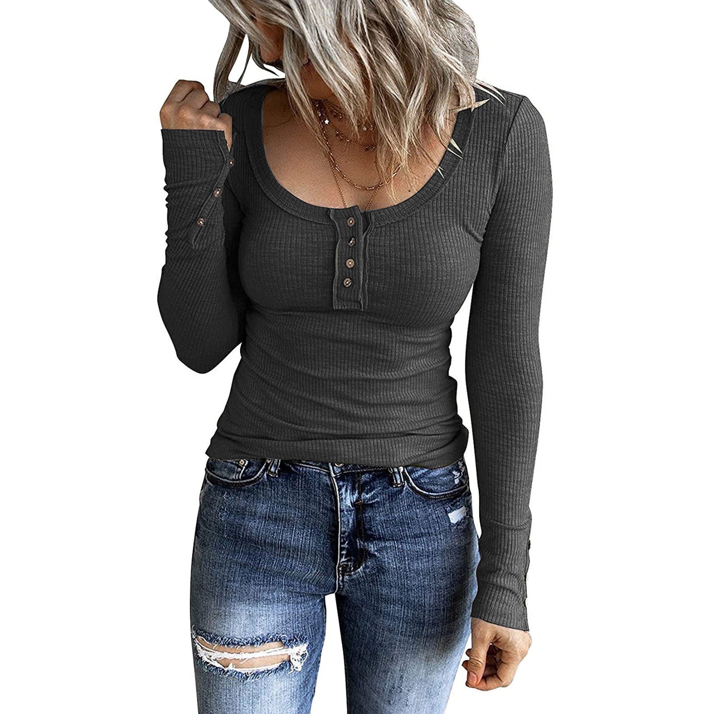 Women's Autumn Button Color V-neck Long Sleeve Vests