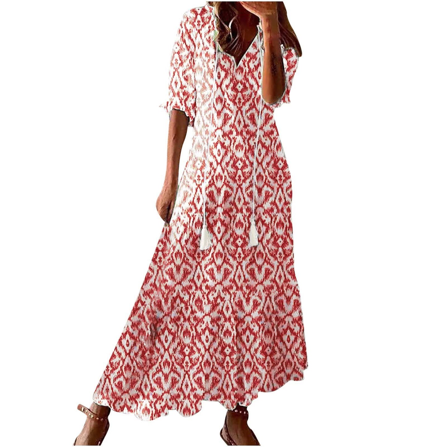 Women's Bohemian Style Print Dress Mid Waist Dresses