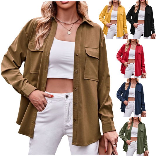 Women's Double Pocket Loose Long Sleeve Solid Blouses