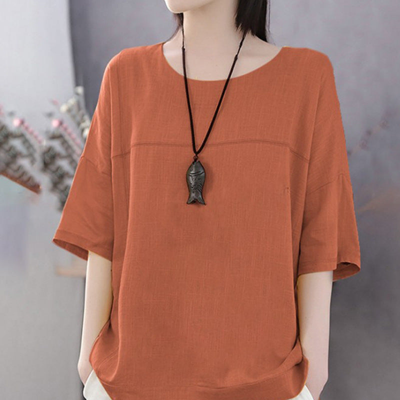 Women's Color Casual Short-sleeved Cotton And Linen Loose Bottoming Blouses