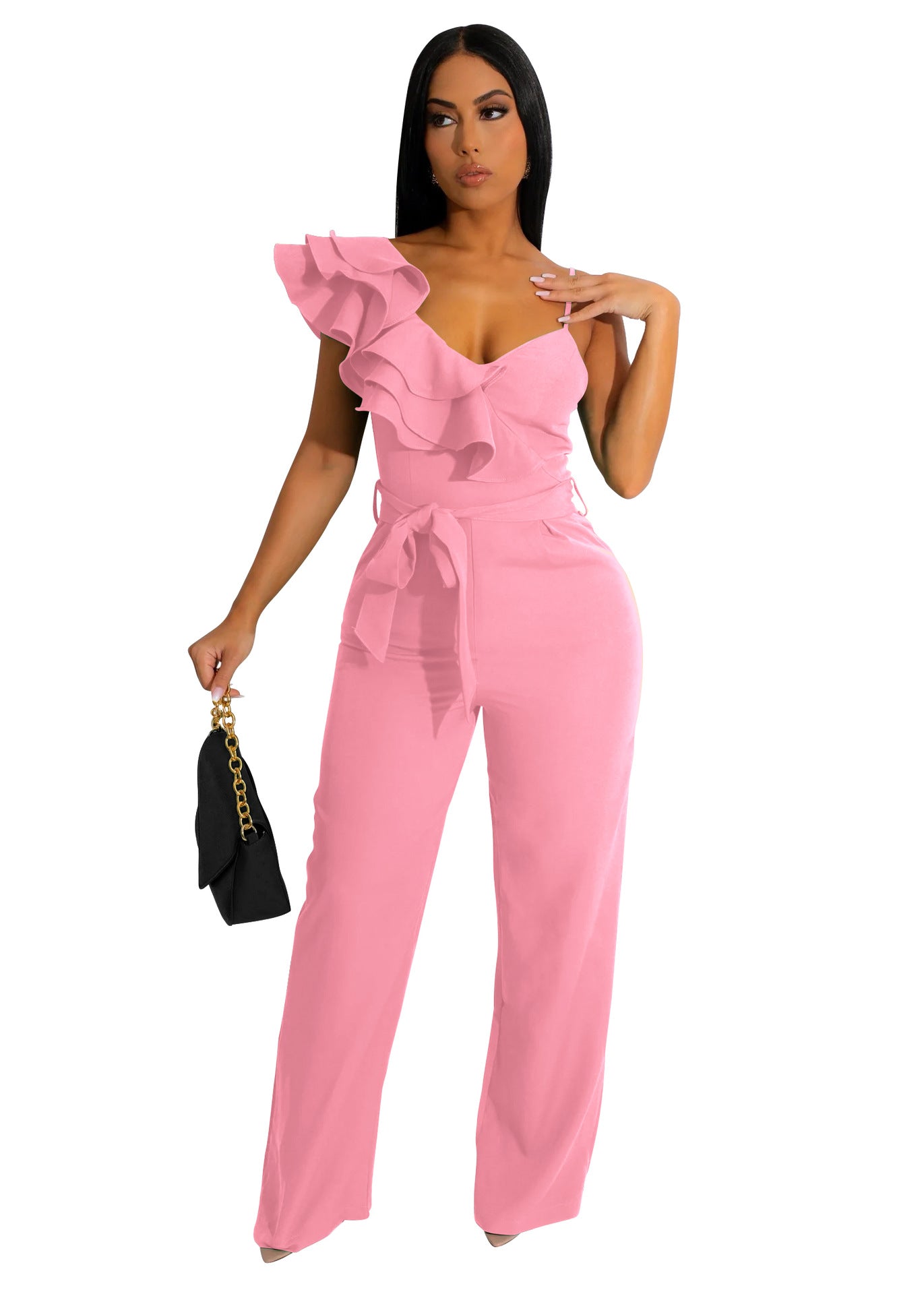 Women's Ruffles One-shoulder Sleeveless Waist Deep V Loose Solid Jumpsuits