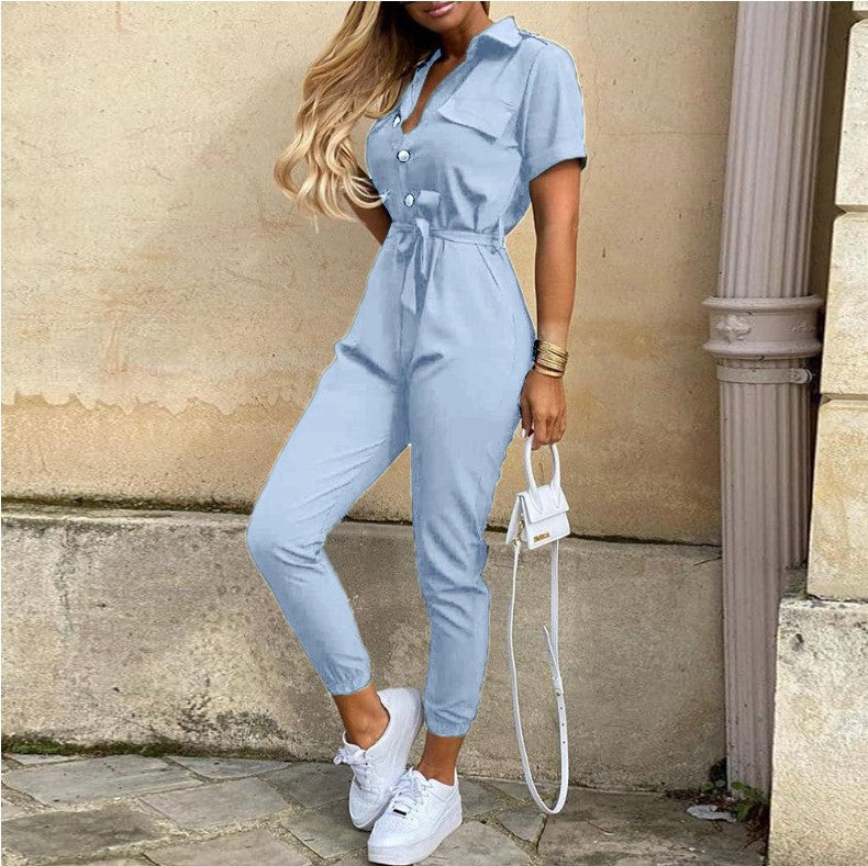 Women's Summer Casual Polo Collar Printed Belt Jumpsuits