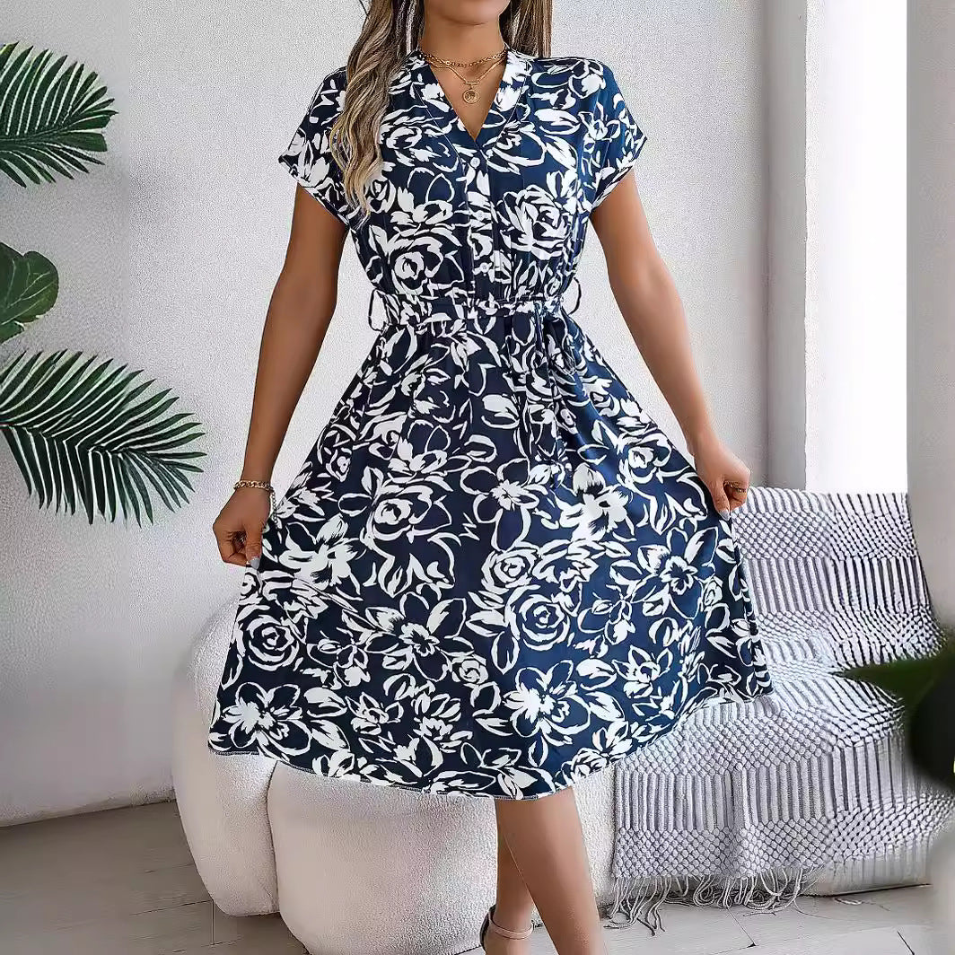 Lässiges Swing-Kleid für Damen mit Knopfleiste, Fledermausärmeln und Blumenmuster