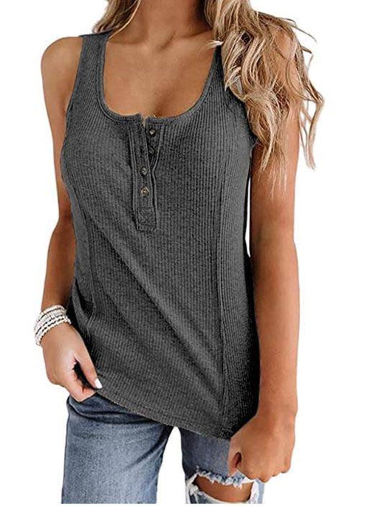 Women's Solid Color Buttons Sleeveless T-shirt Tops