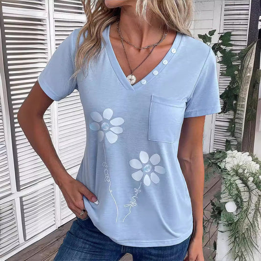 Women's Summer Sleeve Fashion Fastener Decoration Pocket Blouses