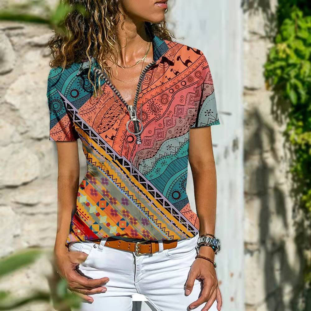 Beautiful Women's Bohemian Zipper T-shirt Sleeves Shorts