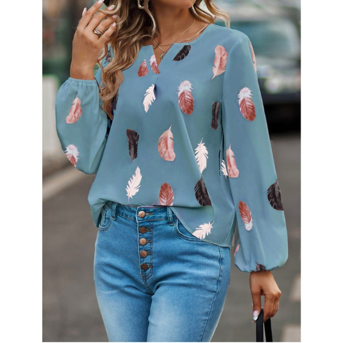 Women's V-neck Feather Print Long-sleeved Loose Blouses