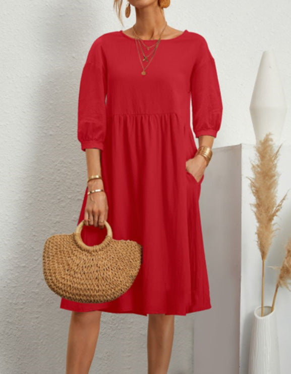 Women's Lantern Sleeve Loose Cotton Linen Pocket Dresses