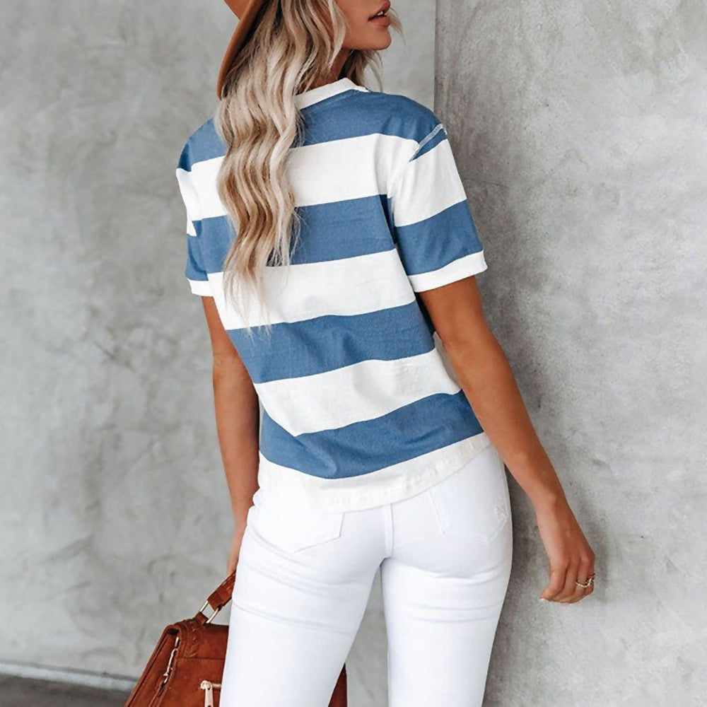 Women's White Striped Printed Round Neck Short-sleeved Blouses