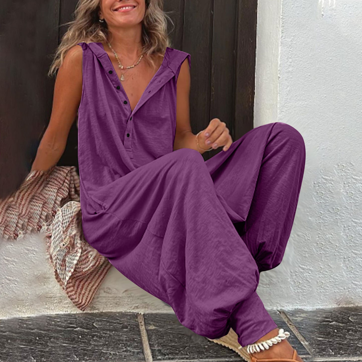 Damen Jumpsuit mit Knopfleiste, Kapuze, ärmellos, Baggy-Overall