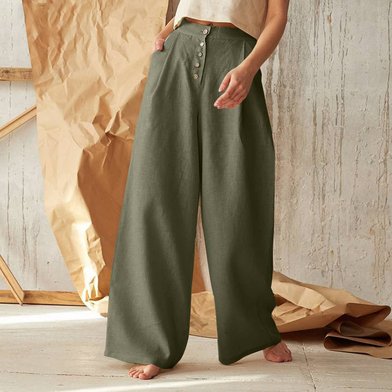 Women's Color High Waist Casual Button Cotton Pants