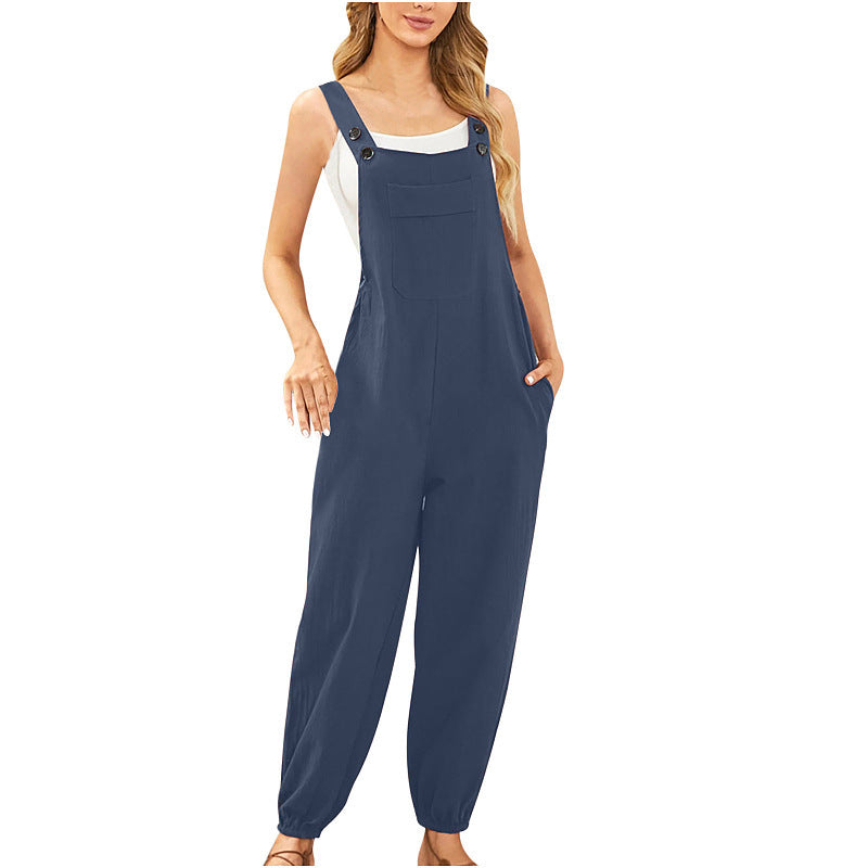 Lässiger, enger Jumpsuit aus Baumwollleinen mit Hosenträgertasche für Damen