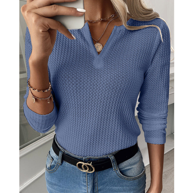 Long Sleeve Waffle Grid Solid Color Blouses