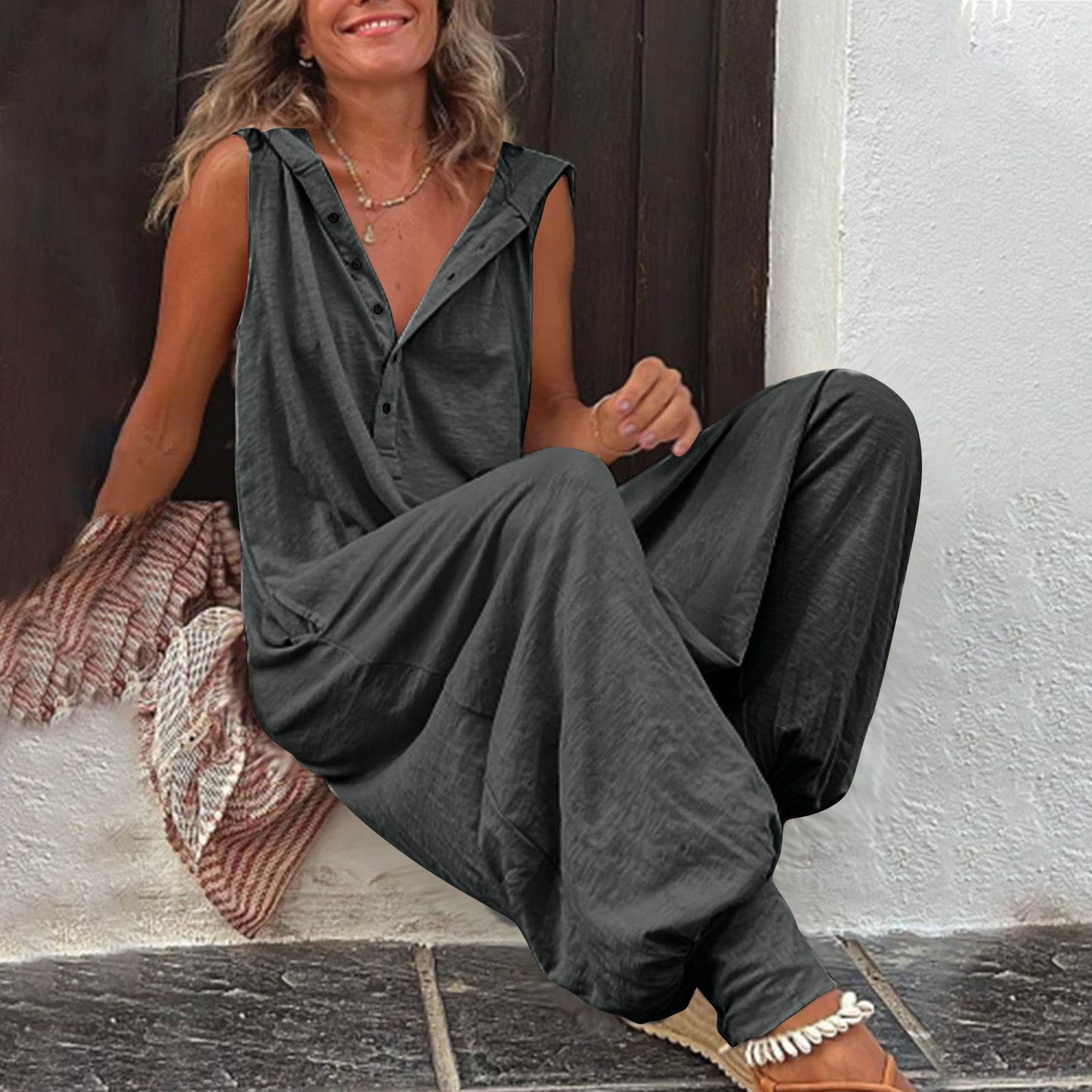 Damen Jumpsuit mit Knopfleiste, Kapuze, ärmellos, Baggy-Overall