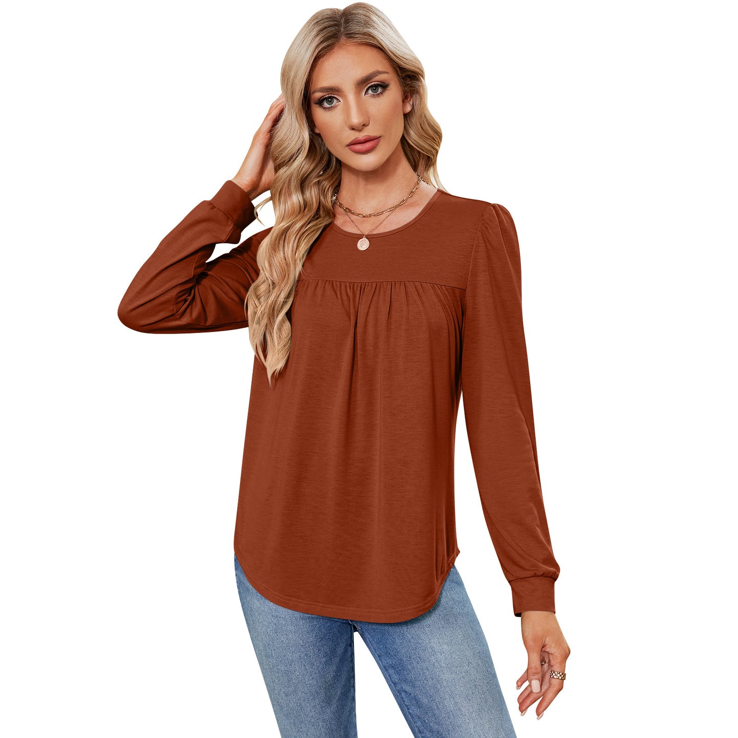 Women's Long Sleeve Round Neck Puff Pleated Blouses