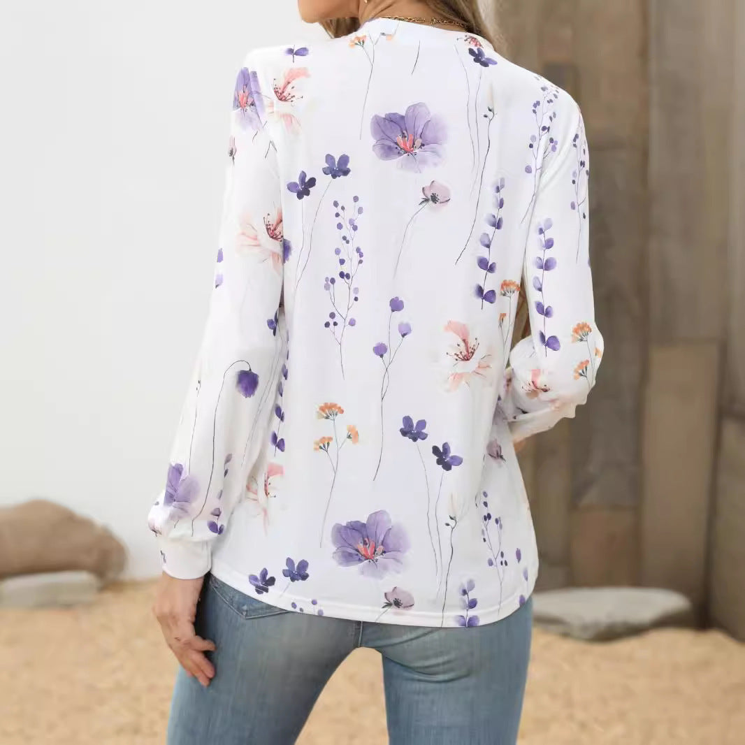 Women's Summer Long-sleeved Shirt Plant Flower Print Blouses