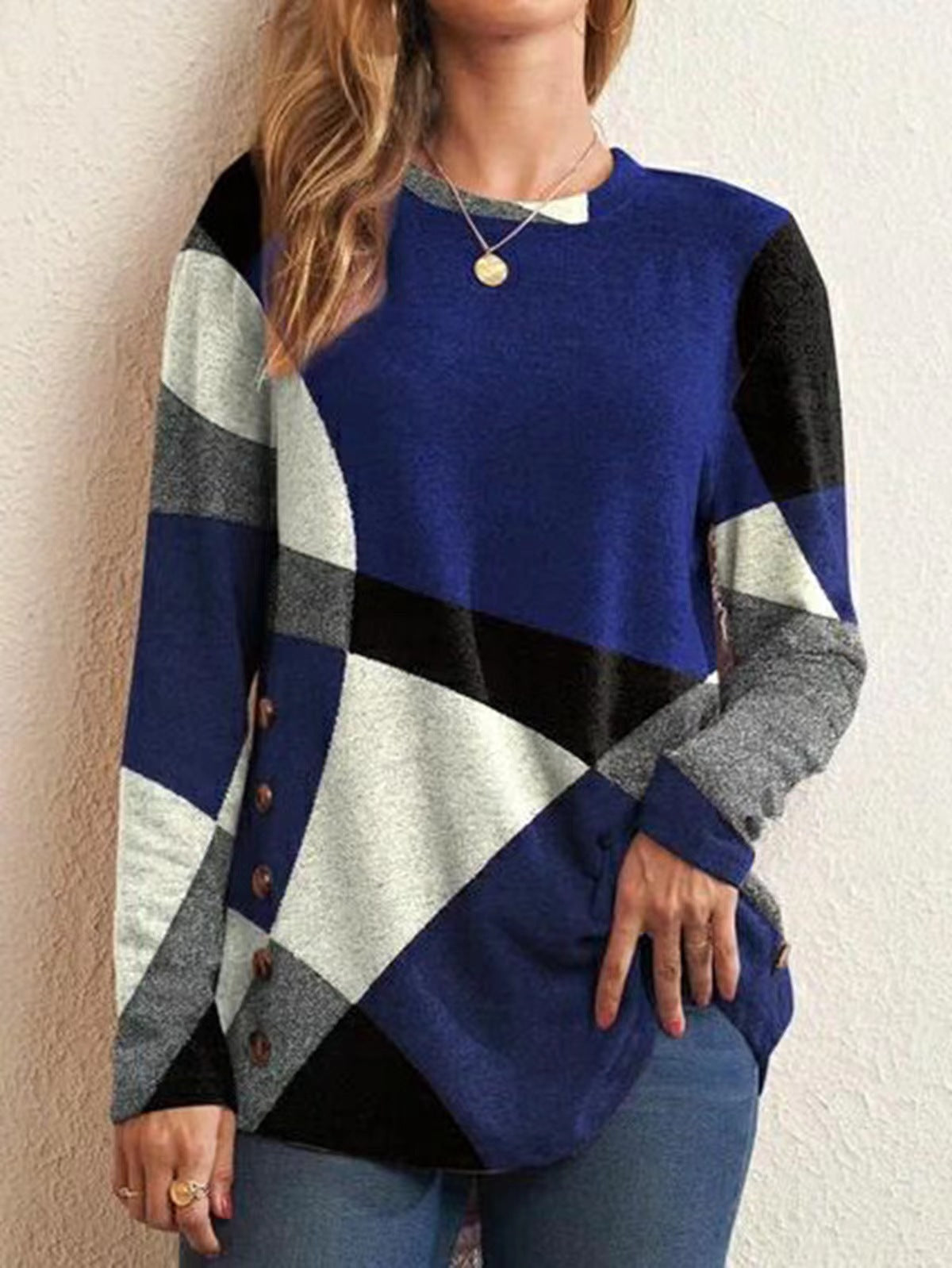 Women's Cashmere Printing Color Long-sleeved T-shirt Blouses