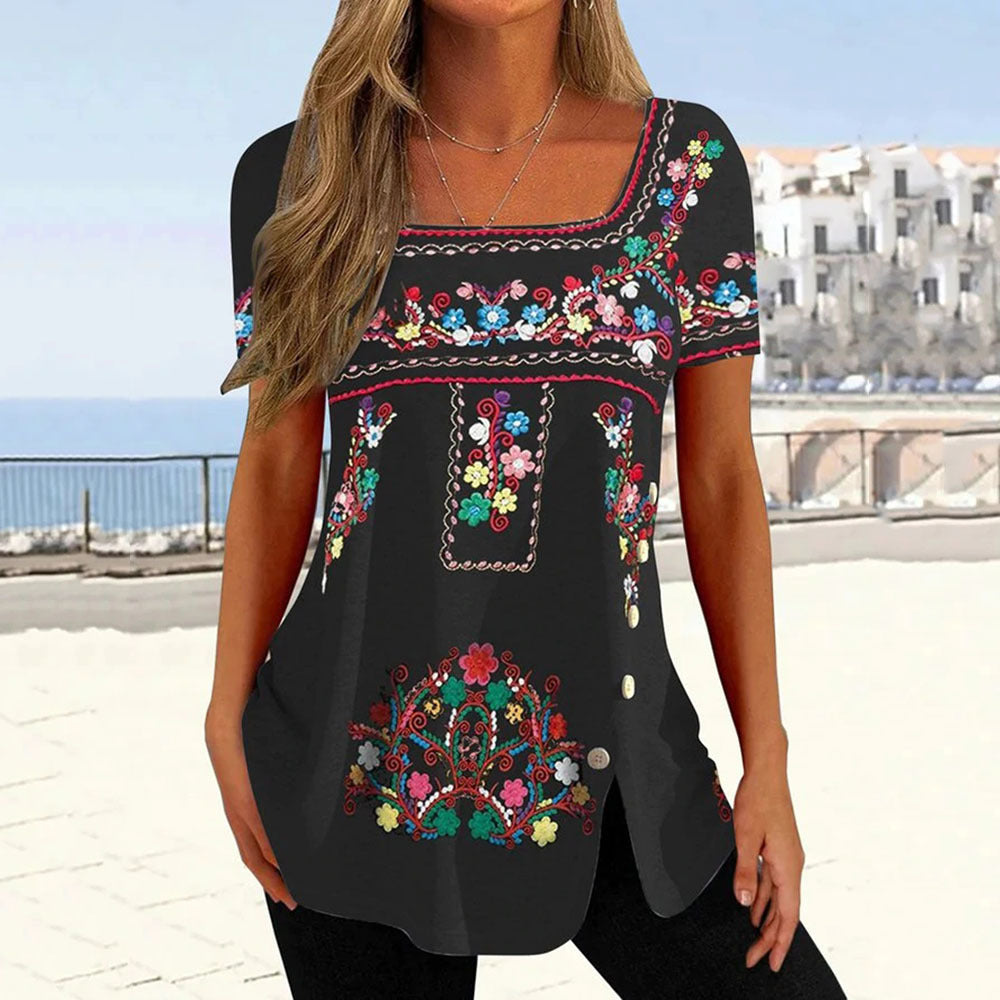 Women's Graceful Printed Button Short-sleeved T-shirt Blouses