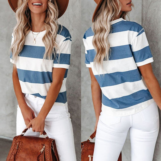 Women's White Striped Printed Round Neck Short-sleeved Blouses