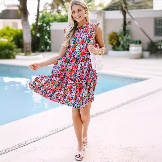 Women's Summer Printed Wooden Ear Collar Ruffled Dresses