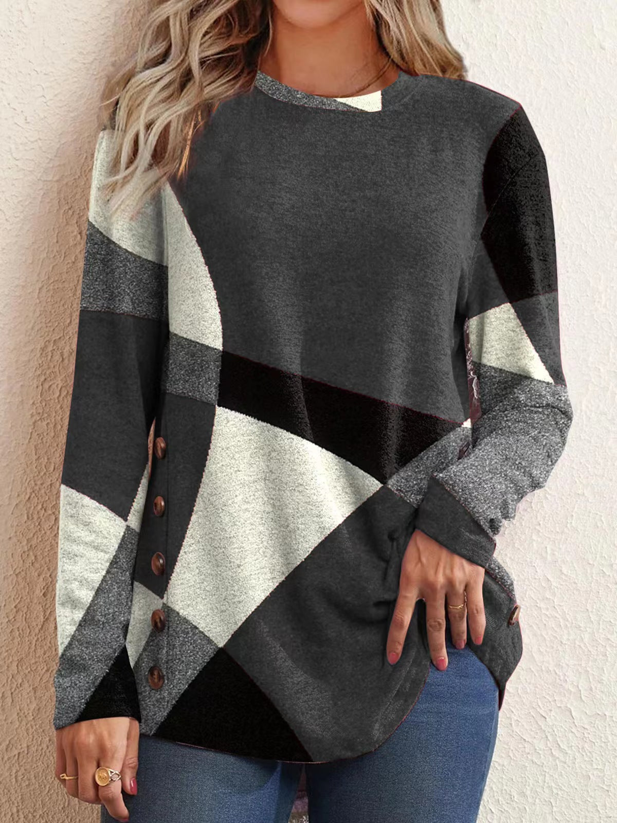 Women's Cashmere Printing Color Long-sleeved T-shirt Blouses