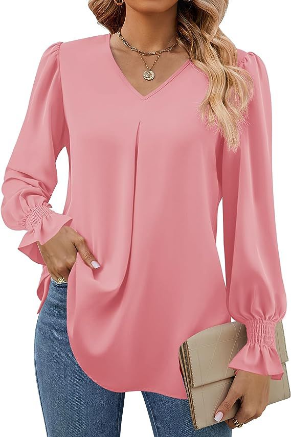 Frauen Farbe Chiffon Hemd Pullover Horn Lange Blusen