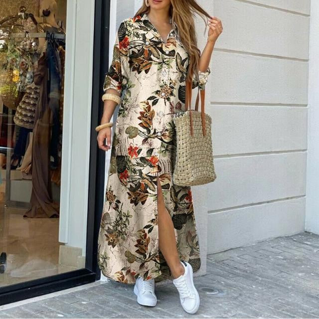 Women's Printed Irregular Hem Long Shirt Dress Dresses