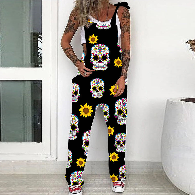 Damen Hosenträgerhose mit Schnürung und Totenkopf-Print