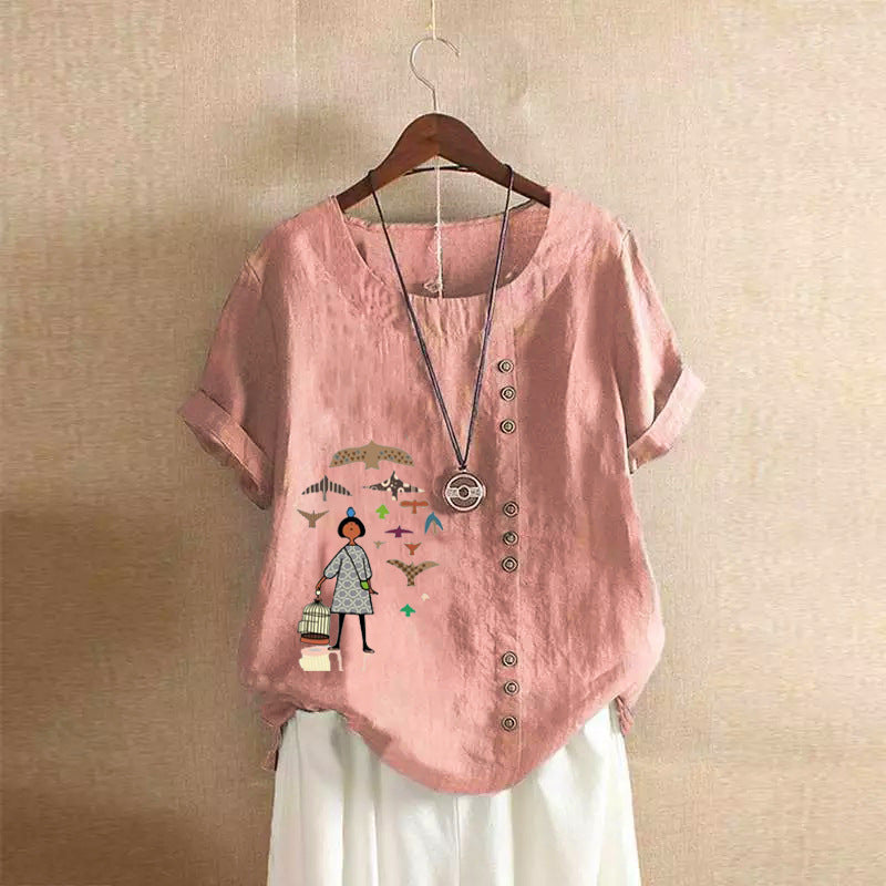 Women's Retro Cotton Linen Printed Casual Shirt Clothing