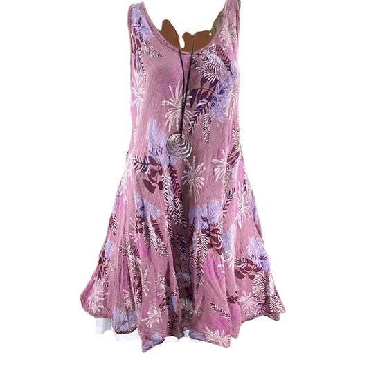 Women's Round Neck Sleeveless Casual Printed Fake Two Dresses