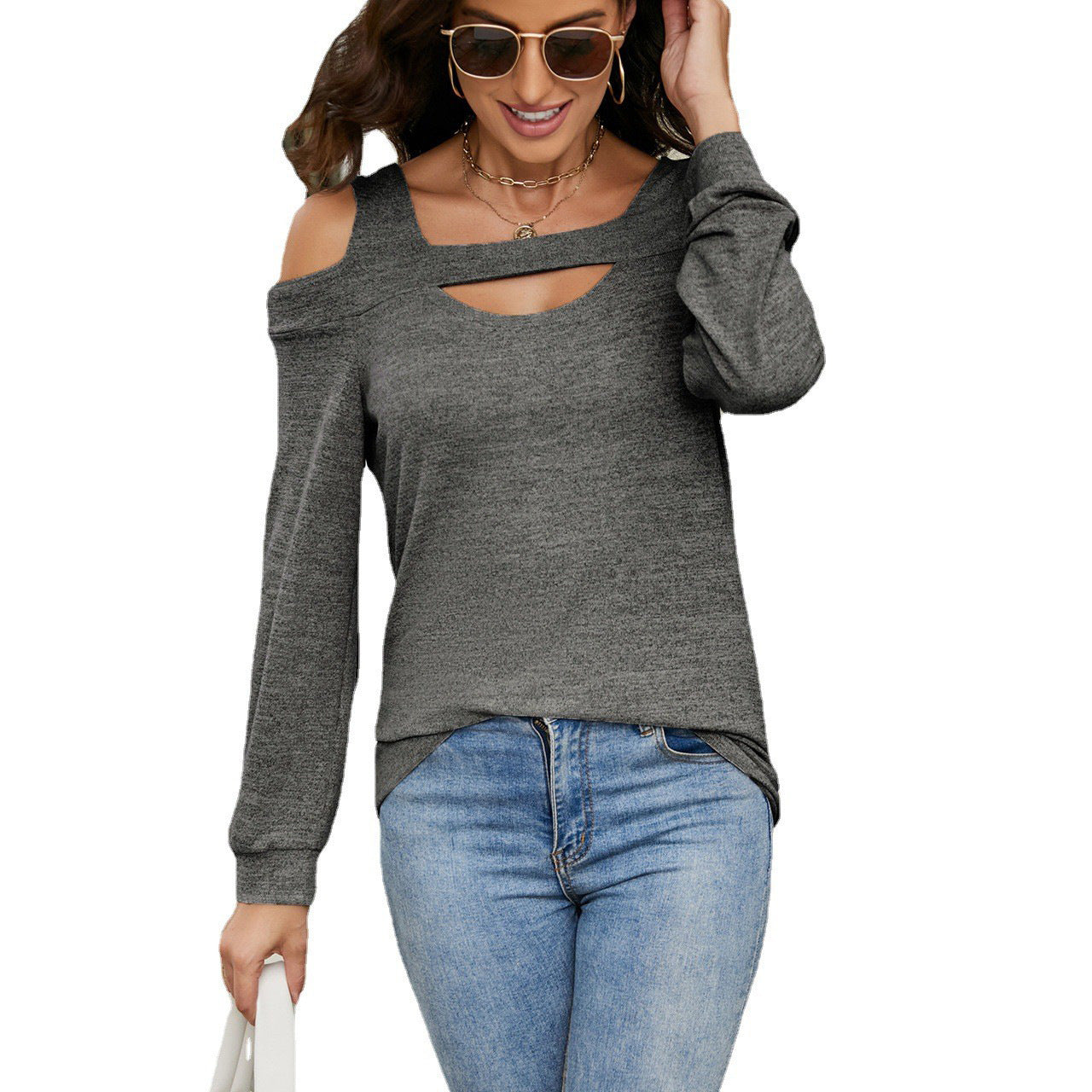 Women's Hollow-out Round Neck Solid Color Long Blouses