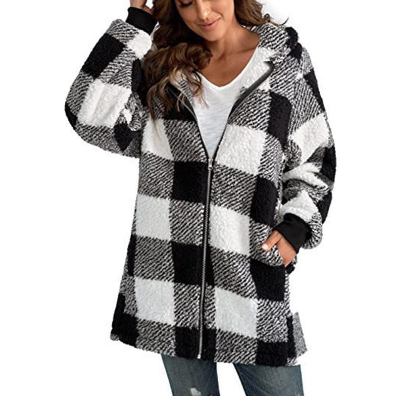 Women's Plush Long-sleeved Plaid Hooded Zipper With Sweaters