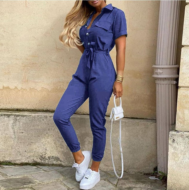 Women's Summer Casual Polo Collar Printed Belt Jumpsuits