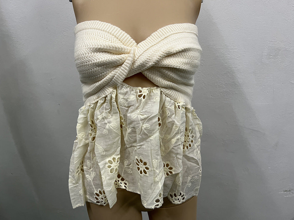 Women's Bow Tie Hollow Embroidery Stitching Strapless Tube Sweaters