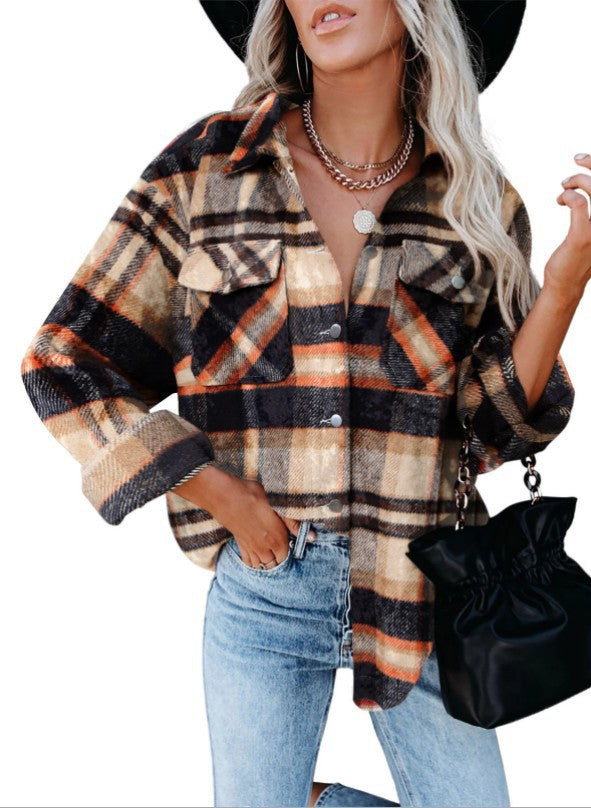 Women's Woolen Shirt Long Sleeve Plaid Blouses