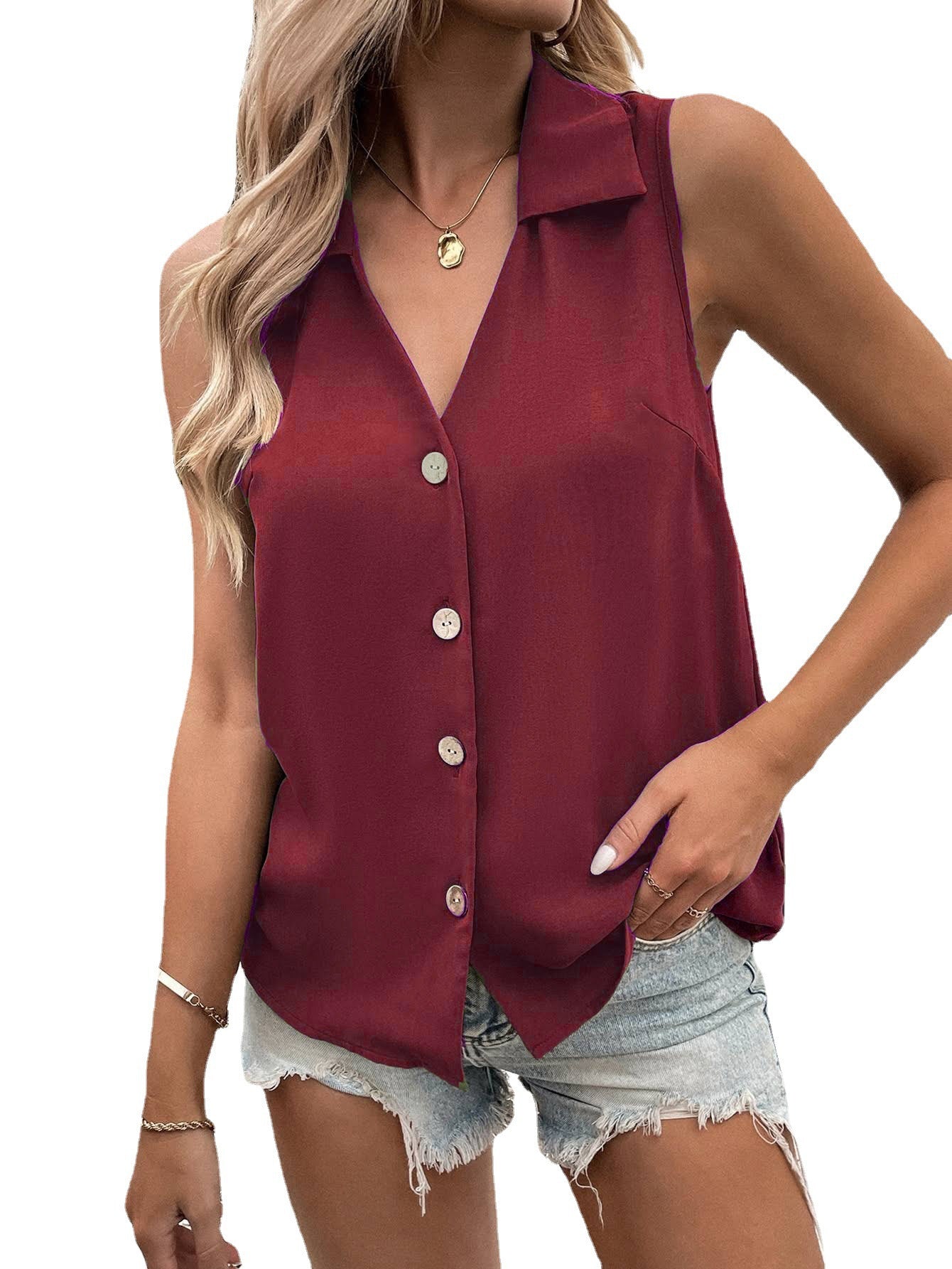 Women's Solid Color Loose Chiffon Shirt Sleeveless Blouses