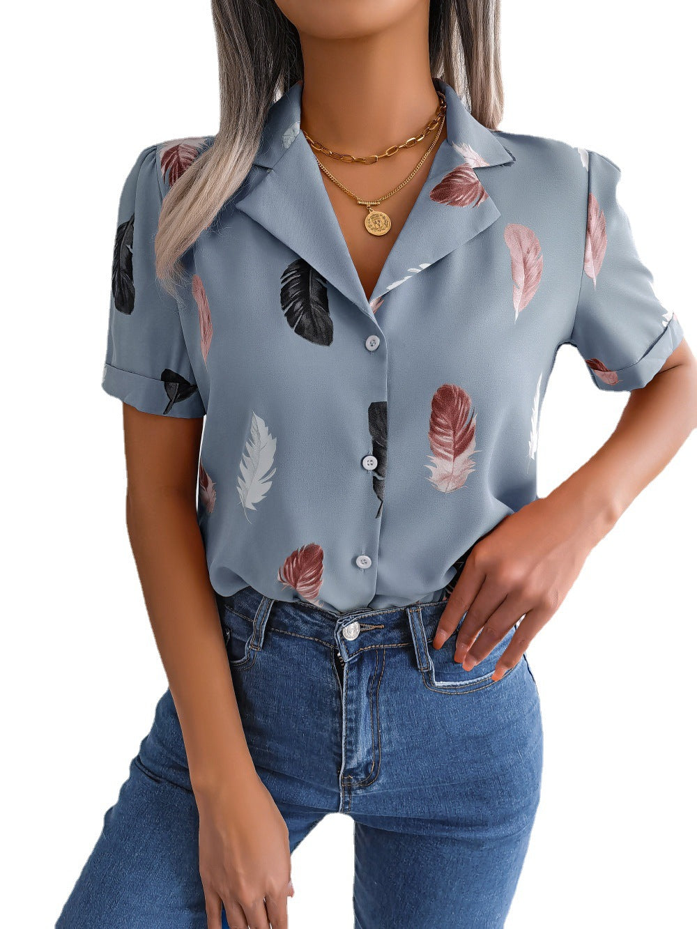 Women's Elegant Collar Feather Loose Sleeve Shirt Blouses