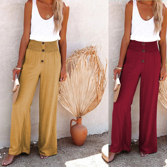 Pantalon ample à jambes larges en coton et lin pour femme