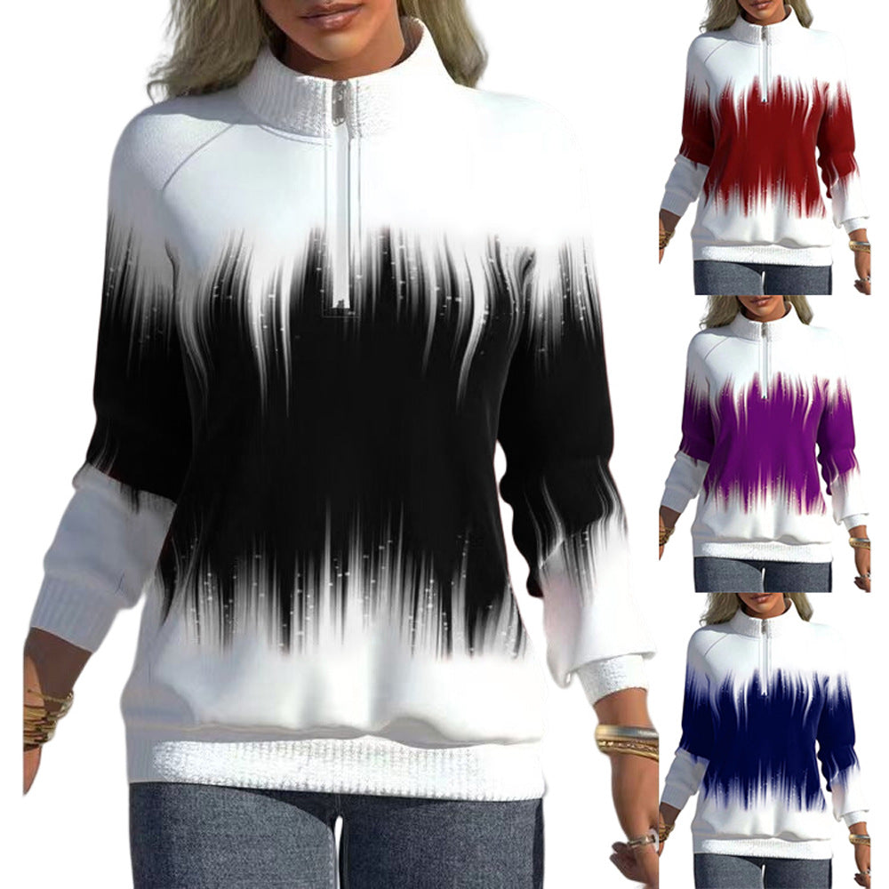 Women's Gradient Print Neckline Long-sleeve Zipper Winter Sweaters