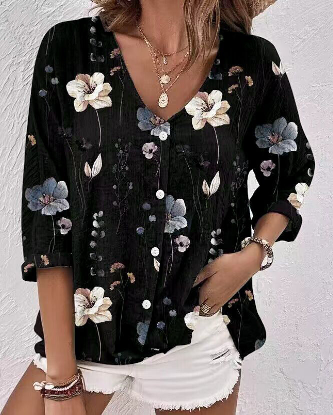 Women's Buttons Chiffon Printed Long Sleeve Blouses