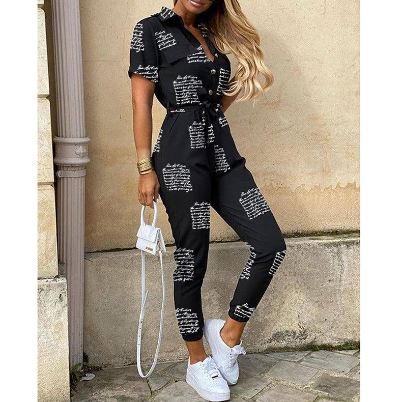 Women's Summer Casual Polo Collar Printed Belt Jumpsuits