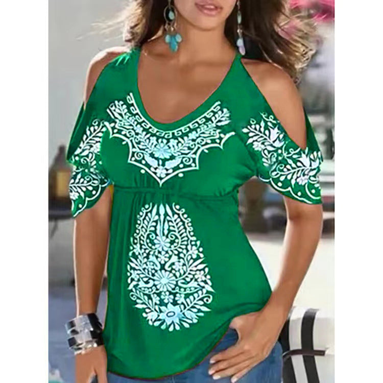 Women's Summer Loose V-neck Pleating Printed Off-shoulder Blouses