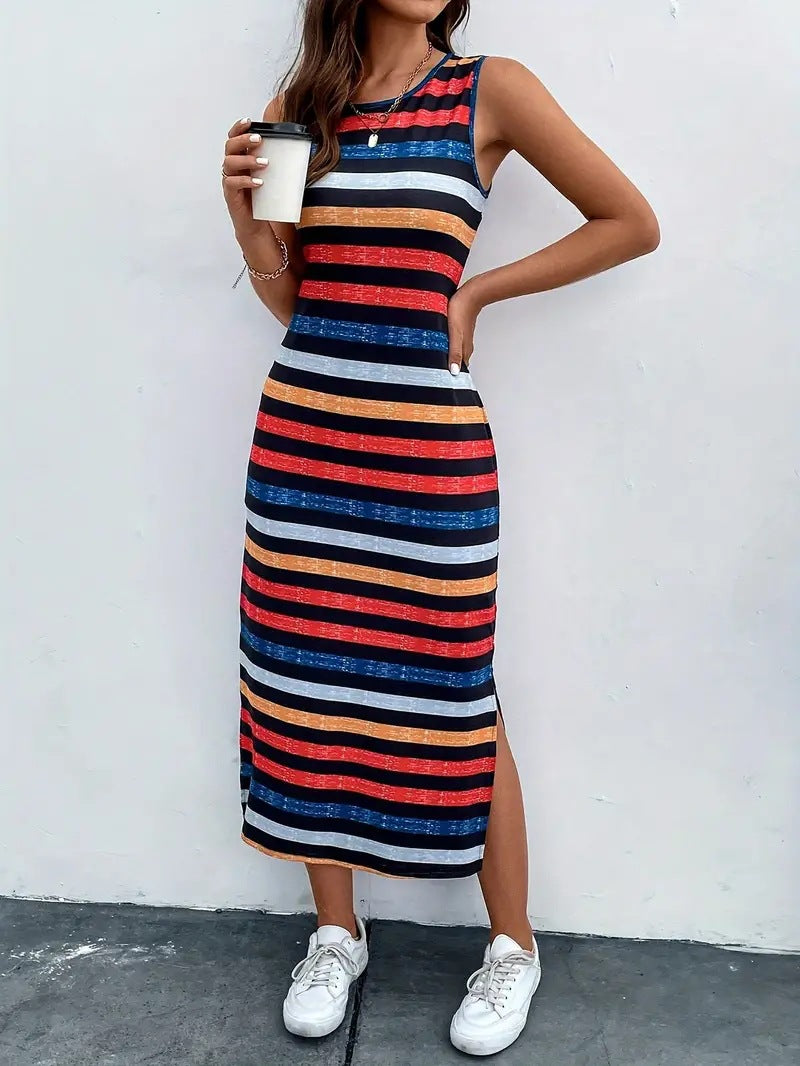 Women's Striped Round Neck Sleeveless Sexy Slit Dresses