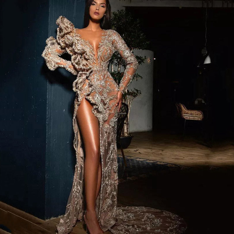 Robe de soirée sexy à paillettes dorées pour femmes, manches longues, robes de mariée