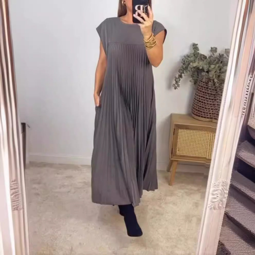 Robe plissée sans manches à col rond pour femmes