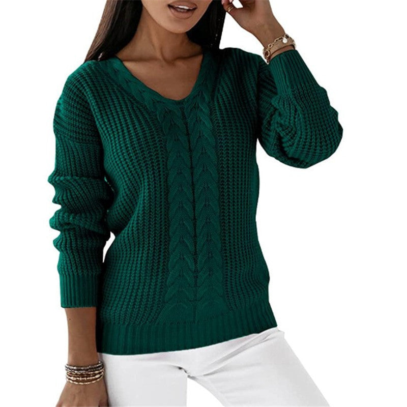 Women's Long Sleeve V-neck Solid Color Twist Tops