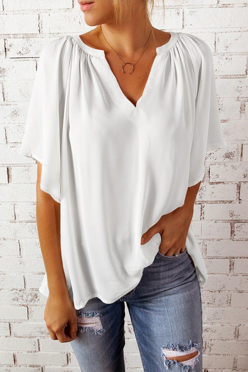 Women's Loose Half Sleeve T-shirt V-neck Pullover Solid Blouses